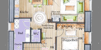 Hüttendorf - Whirlpool: beim Hauptgebäude - Skizze Almhütten-Suite - Chalets am Hotel Der Lärchenhof