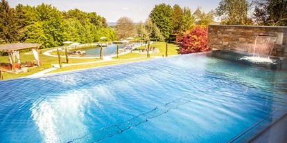 Hüttendorf - Pools: Schwimmteich - Schildberg (St. Paul im Lavanttal) - 10 x 4 Meter Infinity Pool beim Chalet Steppenfuchs - Golden Hill Country Chalets & Suites