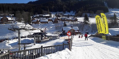 Hüttendorf - Skilift - PLZ 8973 (Österreich) - Blick in Richtung Skibrücke, Skiarena, Loser. Einen Teil der Hagan Lodges sieht man links oben, direkt an der Loser Piste. - AlpenParks Hagan Lodge Altaussee