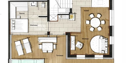 Hüttendorf - Parkplatz direkt an der Hütte - Grundriss Chalet Schlossblick EG - Luxus Chalet Schlossblick
