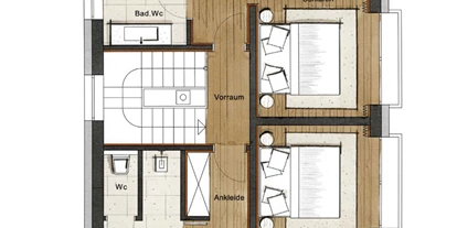 Hüttendorf - Parkplatz direkt an der Hütte - Grundriss Chalet Schlossblick OG - Luxus Chalet Schlossblick