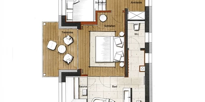 Hüttendorf - Parkplatz direkt an der Hütte - Grundriss Chalet Waldblick OG - 5-Sterne Chalet Waldblick