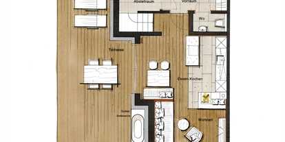 Hüttendorf - Parkplatz direkt an der Hütte - Grundriss Chalet Waldblick EG - 5-Sterne Chalet Waldblick