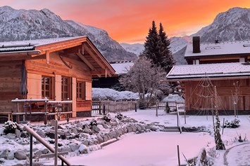 Chalet: Morgenrot-Stimmung mit Blick zum Nebelhorn 
... im Vordergrund unser Schwimmteich, der auch im Winter unsere Sauna-Fans begeistert  - Alpglück Chalets