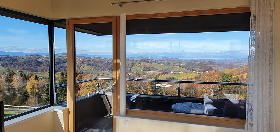 Chalet: Unser 270° Naturparkzimmer mit Aussichtsbalkon und Rundum-Panorama-Verglasung - WURZENBERG Panoramalodges Südsteiermark