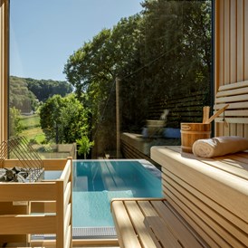 Chalet: Sauna mit Panorama-Glas --> Sauna mit traumhaften Ausblick - Julianhof - Premium Guesthouse & Spa