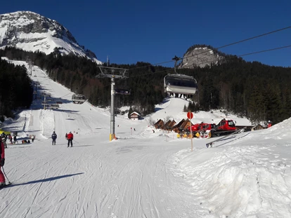 Hüttendorf - Ausseerland - Salzkammergut - Blick in Richtung Sandling. Rechts sieht man einen Teil der Hagan Lodges, direkt an der Sandling Piste. - AlpenParks Hagan Lodge Altaussee