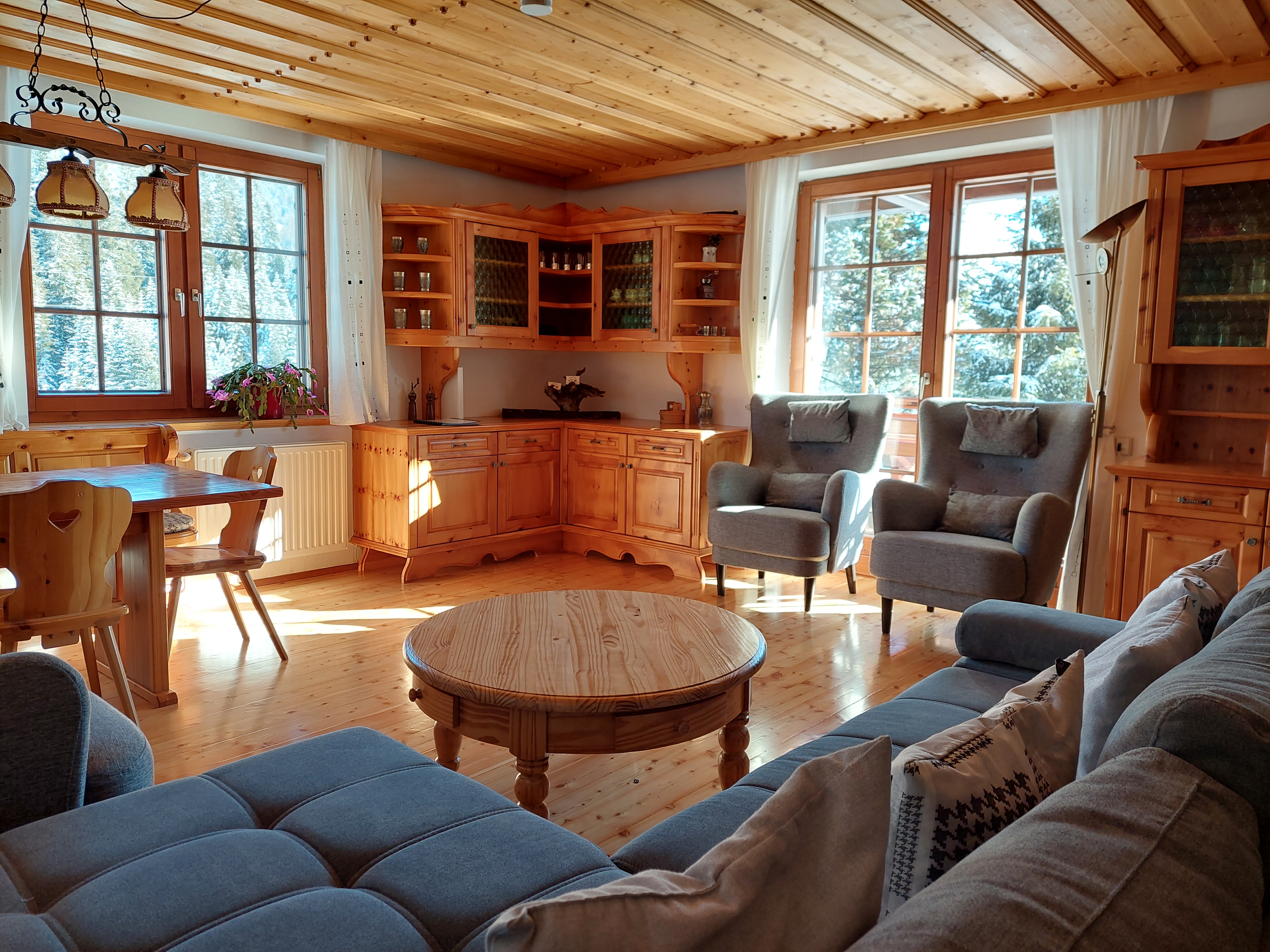 Chalet: Almhaus Kärnten Wohnzimmer mit Blick in den Garten - Almhaus Kärnten